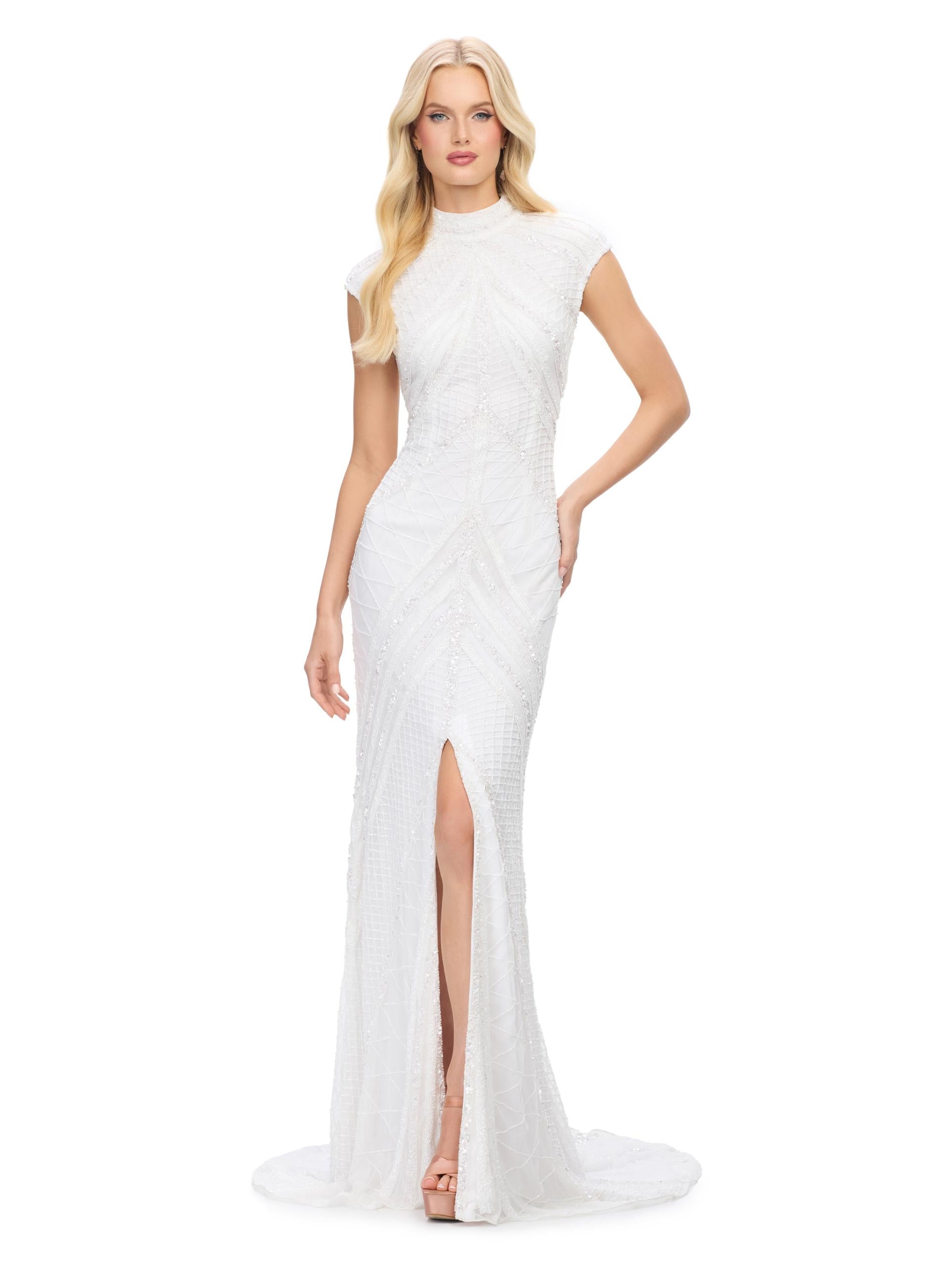 ASHLEYlauren 1674 Ivory fully beaded gown with high neck, cap sleeves, centre slit, and geometric detailing