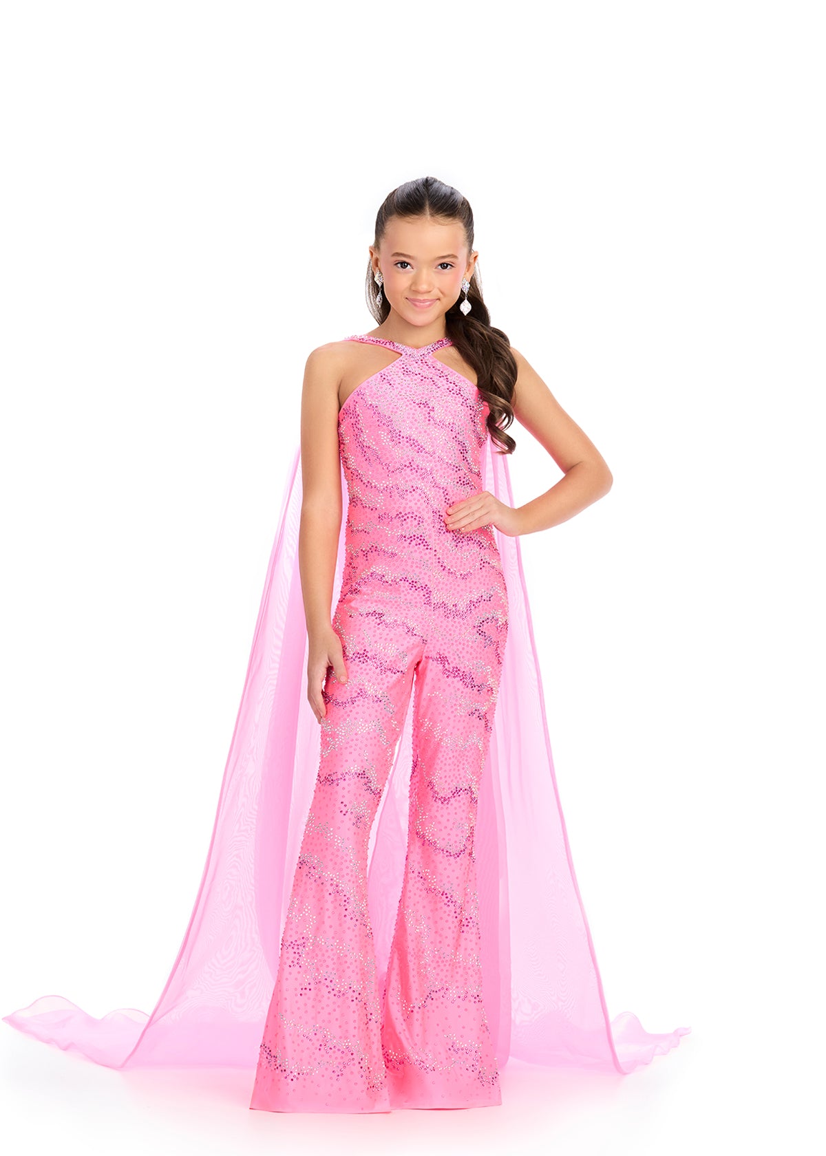 Pink ASHLEYlauren 8312 Jersey Jumpsuit with Halter Neckline, Open Back, Press-On Beading, and Flowing Organza Cape