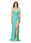 Aqua ASHLEYlauren 11367 beaded gown featuring a sweetheart neckline, detachable feather straps, wrap skirt, and left leg slit for an elegant and versatile look.