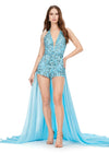 Aqua ASHLEYlauren 11386 halter romper featuring a deep V-neckline, open back, and a flowing chiffon overskirt for a chic and elegant look.