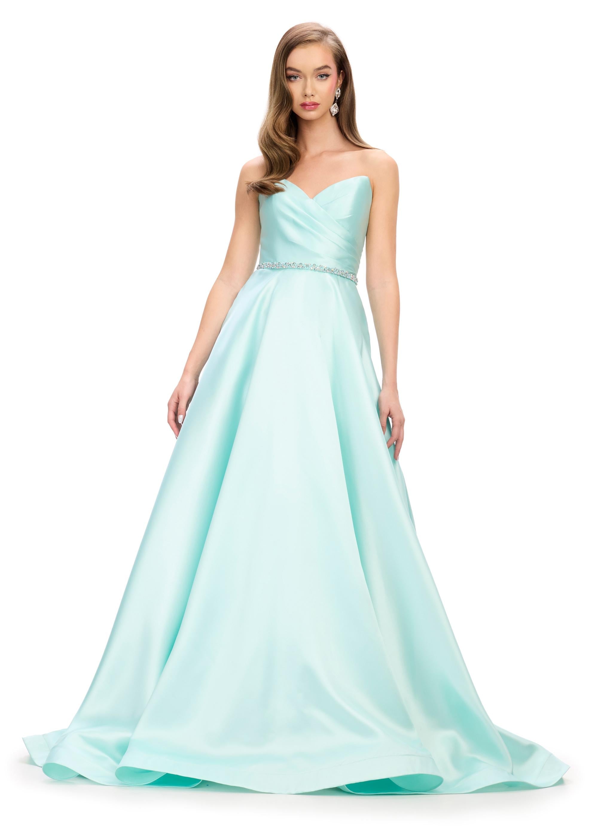 Aqua ASHLEYlauren 11773 elegant Mikado ball gown featuring a flattering sweetheart neckline, beaded belt, and a full ball gown skirt for a regal and timeless look.