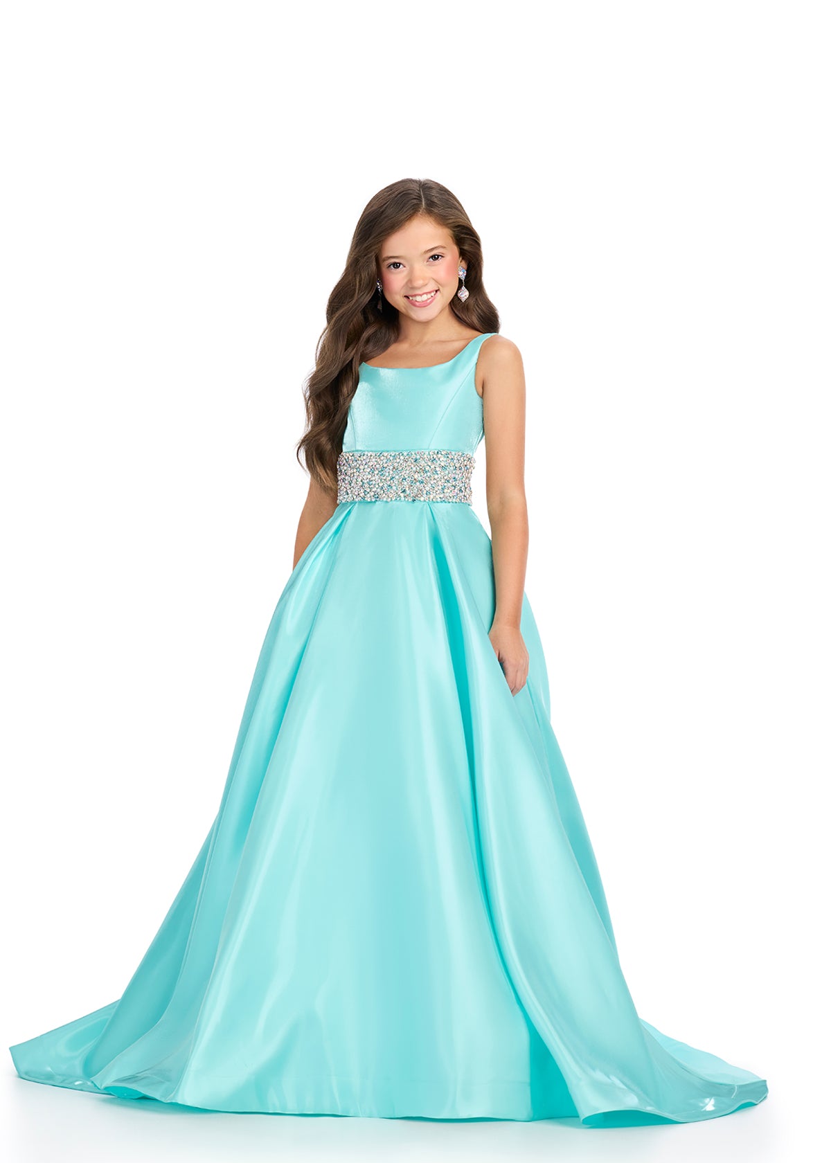 Aqua ASHLEYlauren 8276 satin kids ball gown featuring a scoop neckline, V-back, and a fully beaded waistband for an elegant and glamorous touch.