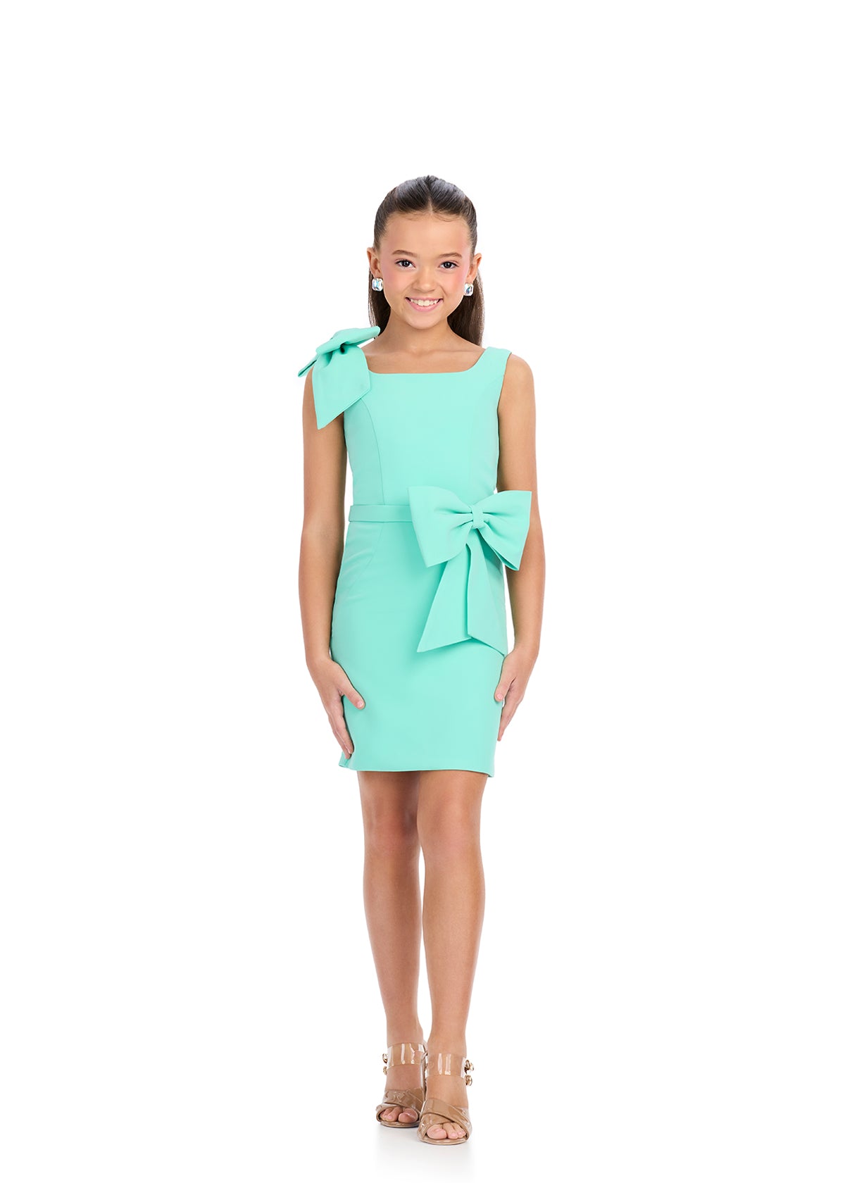 Aqua  ASHLEYlauren 8306 Jersey Cocktail Dress with Scoop Neckline, One-Shoulder Bow, and Hip Bow Detail