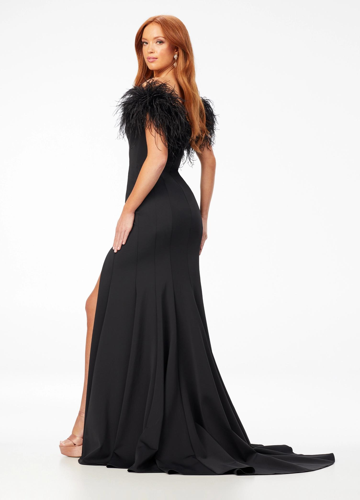 Back. Black ASHLEYlauren 11101 Off-Shoulder Scuba Gown with Sweetheart Neckline, Feather Accents, and Left Leg Slit