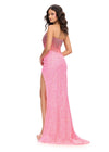 Back. Pink ASHLEYlauren 11236 jaw-dropping strapless gown featuring a fitted silhouette, corset bustier with stunning crystal beadwork, a fully beaded wrap skirt, and a left leg slit for a glamorous red carpet-worthy look.