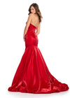 Back - Glamorous satin gown featuring a sweetheart neckline and a statement ruffle back skirt with pick-ups for added drama and elegance. Perfect for making a showstopping entrance.