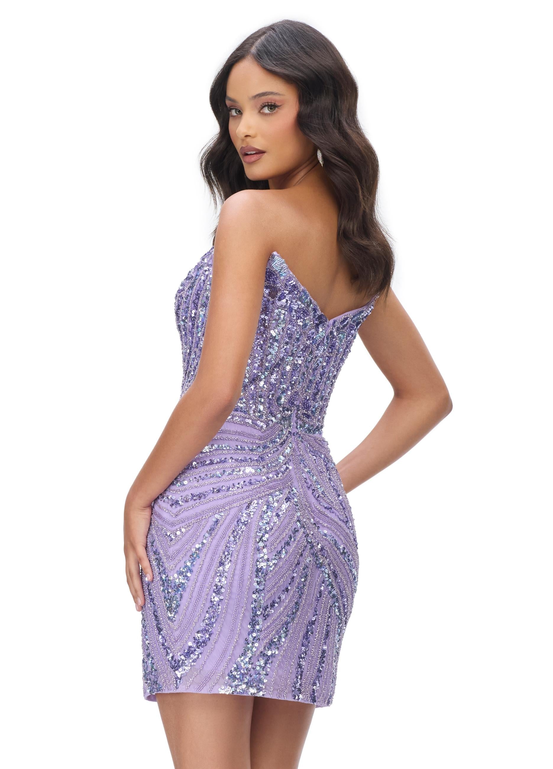 Back - Lilac ASHLEYlauren 4500 strapless gown featuring a plunging V-neckline, ornate sequin bead pattern, and striking V-back for a bold and glamorous look.