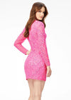 Back - Pink ASHLEYlauren 4511 fitted hand-beaded cocktail dress featuring a lace-up bustier, intricate bead motif cascading onto the fitted skirt and long sleeves for a dramatic and glamorous look.