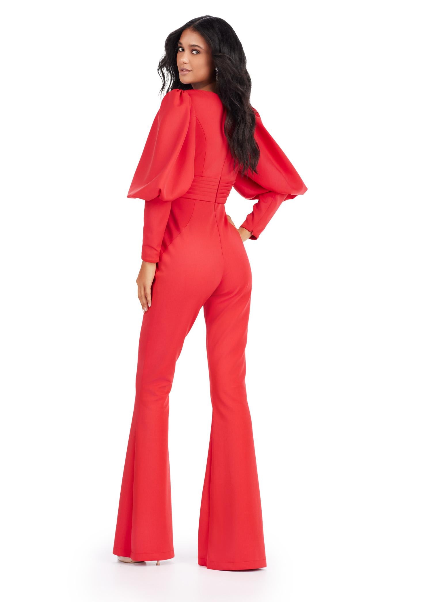 Back - Red ASHLEYlauren 11533 scuba jumpsuit featuring a V-neckline, dramatic bishop puff sleeves, and a sleek, tailored fit for a bold and sophisticated look.