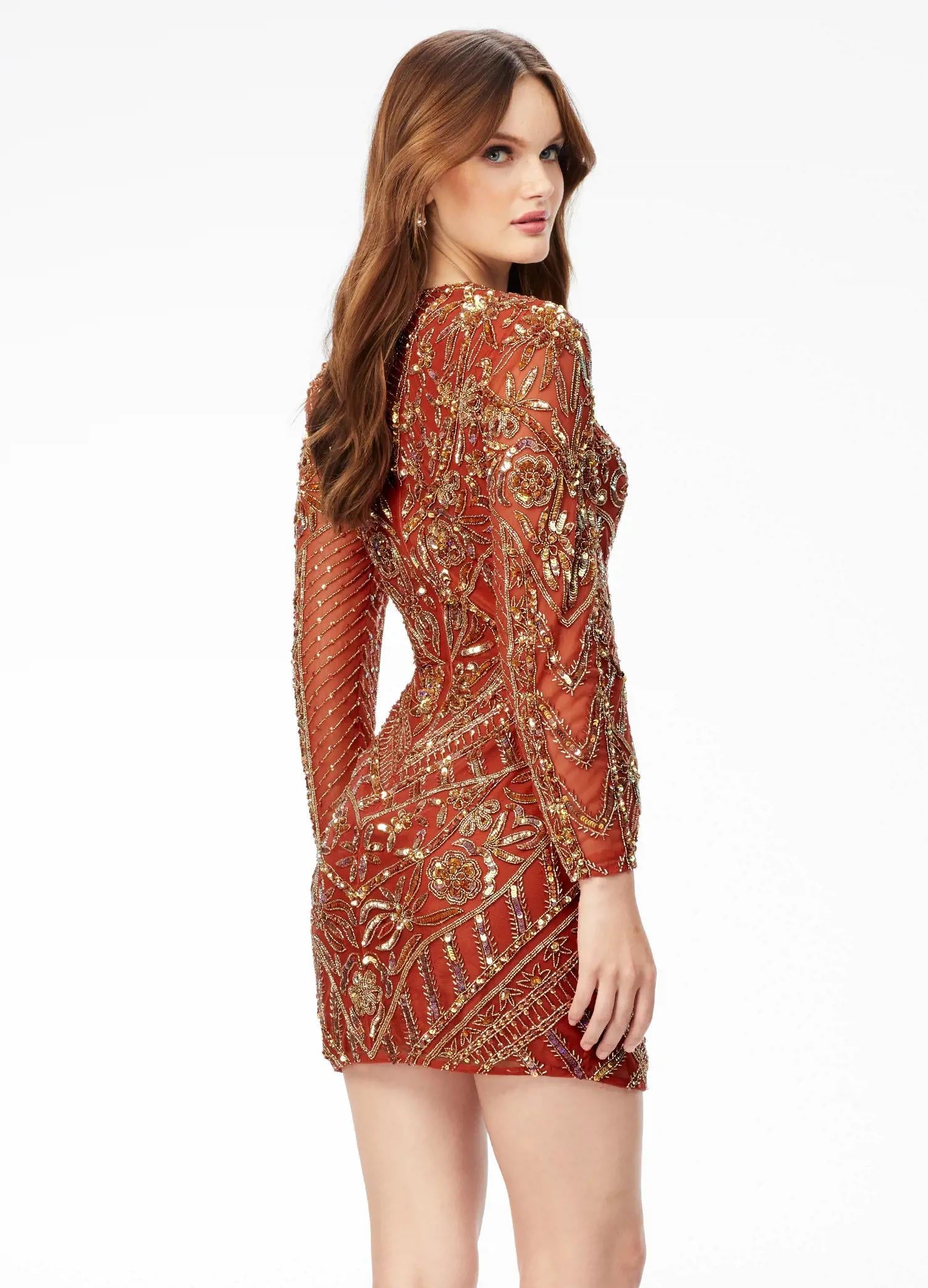 Back - Red ASHLEYlauren 4511 fitted hand-beaded cocktail dress featuring a lace-up bustier, intricate bead motif cascading onto the fitted skirt and long sleeves for a dramatic and glamorous look.