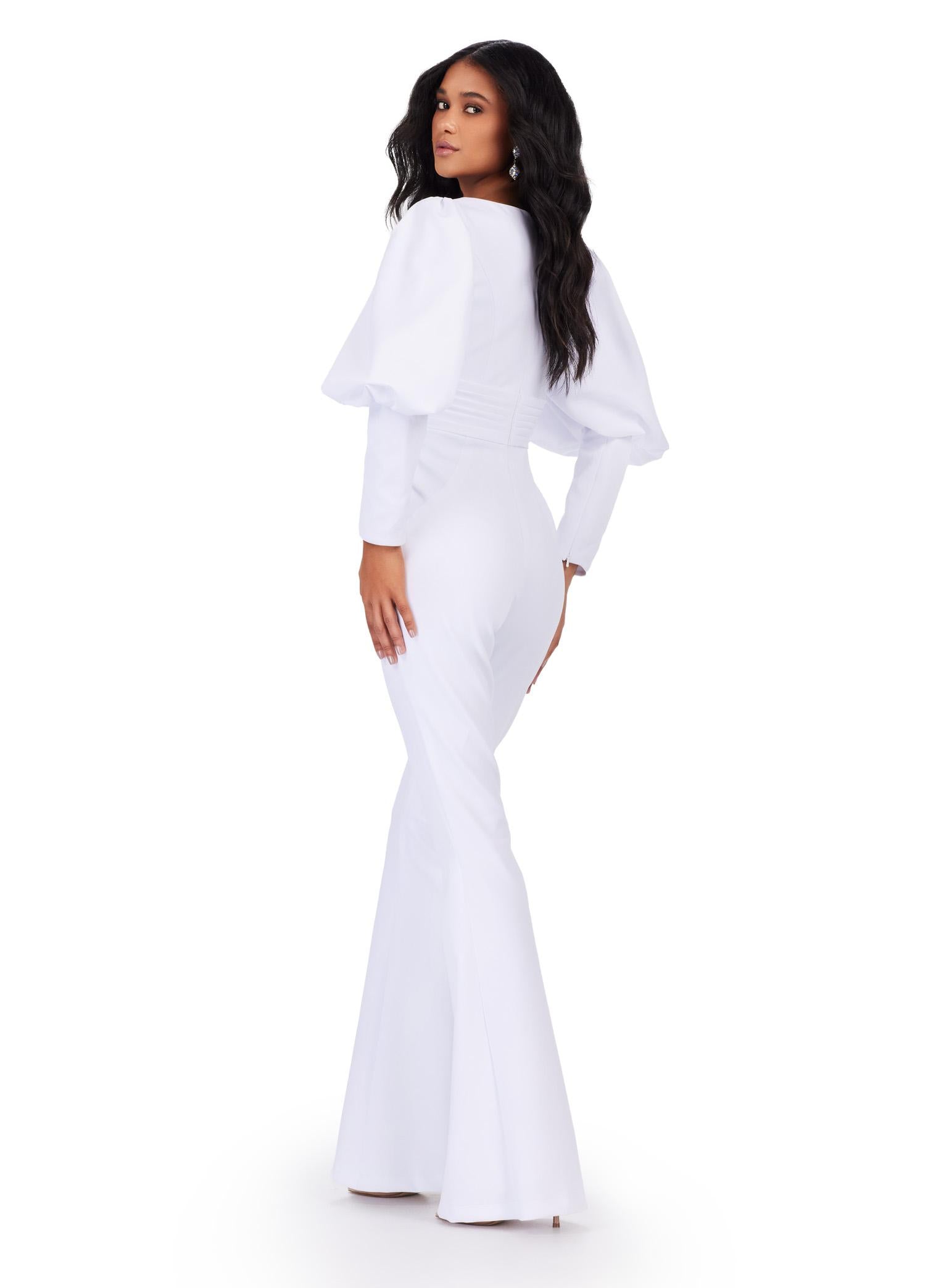 Back - White ASHLEYlauren 11533 scuba jumpsuit featuring a V-neckline, dramatic bishop puff sleeves, and a sleek, tailored fit for a bold and sophisticated look.