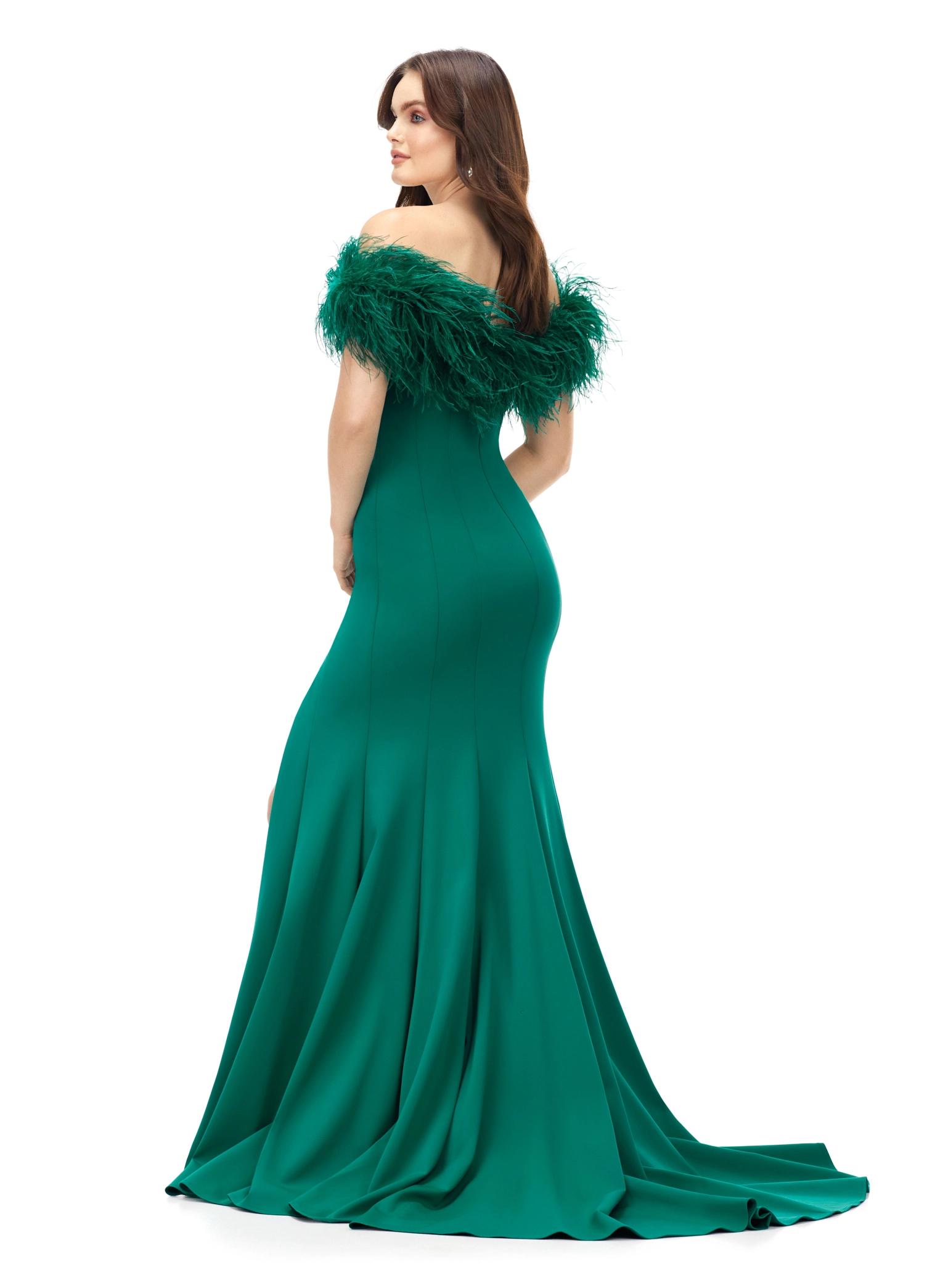 Back - Emerald ASHLEYlauren 11101 Off-Shoulder Scuba Gown with Sweetheart Neckline, Feather Accents, and Left Leg Slit