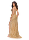 Back. Gold ASHLEYlauren 11236 jaw-dropping strapless gown featuring a fitted silhouette, corset bustier with stunning crystal beadwork, a fully beaded wrap skirt, and a left leg slit for a glamorous red carpet-worthy look.