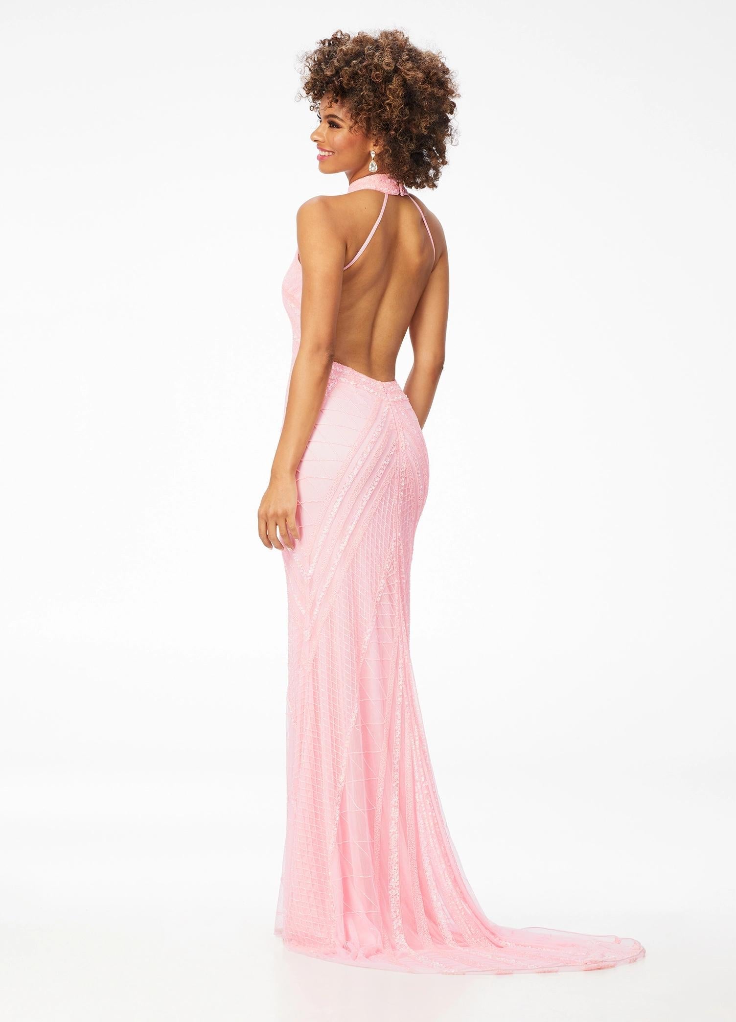 Back - Pink ASHLEYlauren 11177 – An intricately hand-beaded halter gown featuring a stunning beaded motif, low open back, center slit, and a sweeping train. Perfect for making a show-stopping statement at any event.