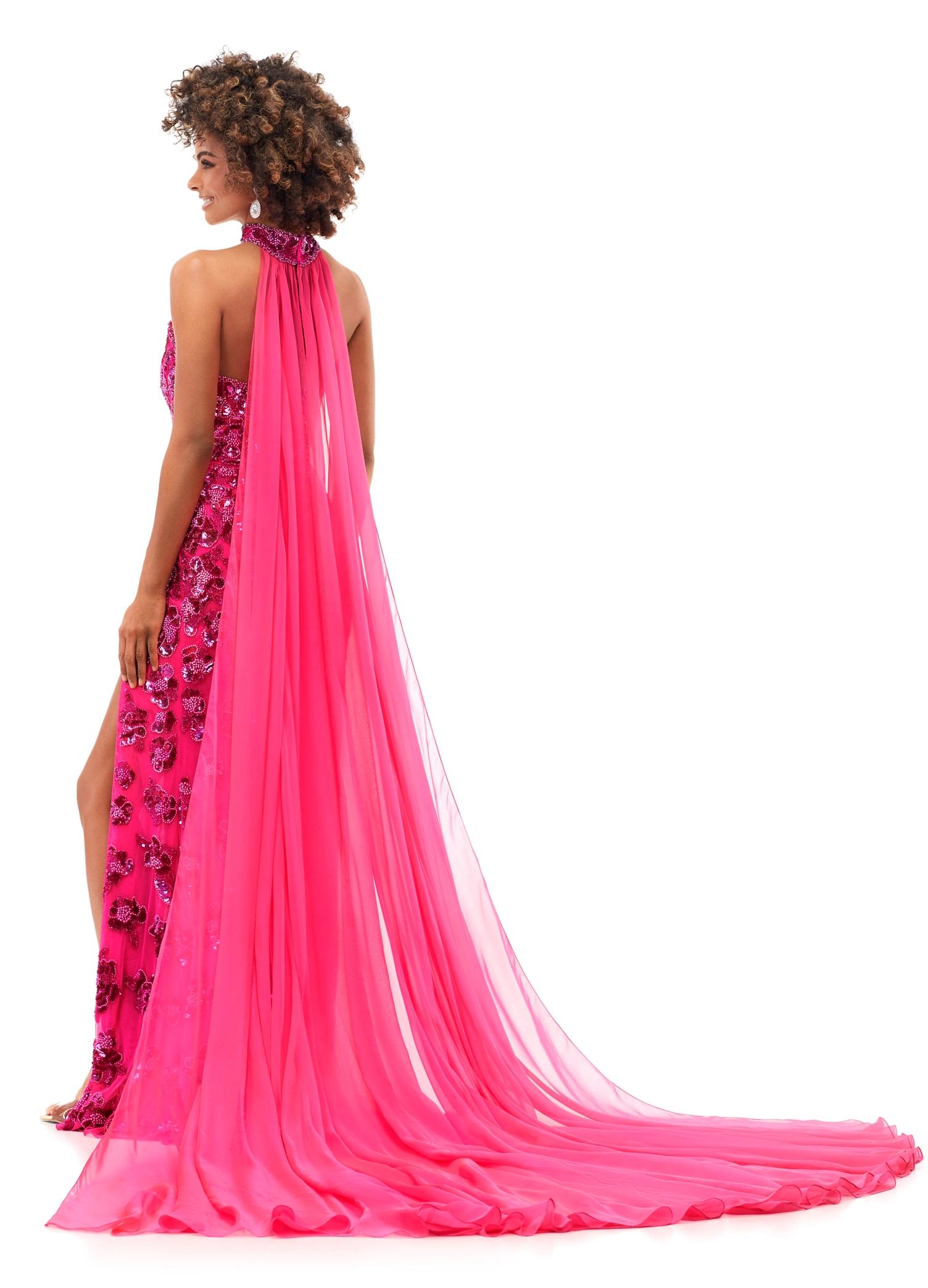 Back - Pink ASHLEYlauren 11351 Strapless Beaded Gown with Crystal Choker, Chiffon Cape, and Slit