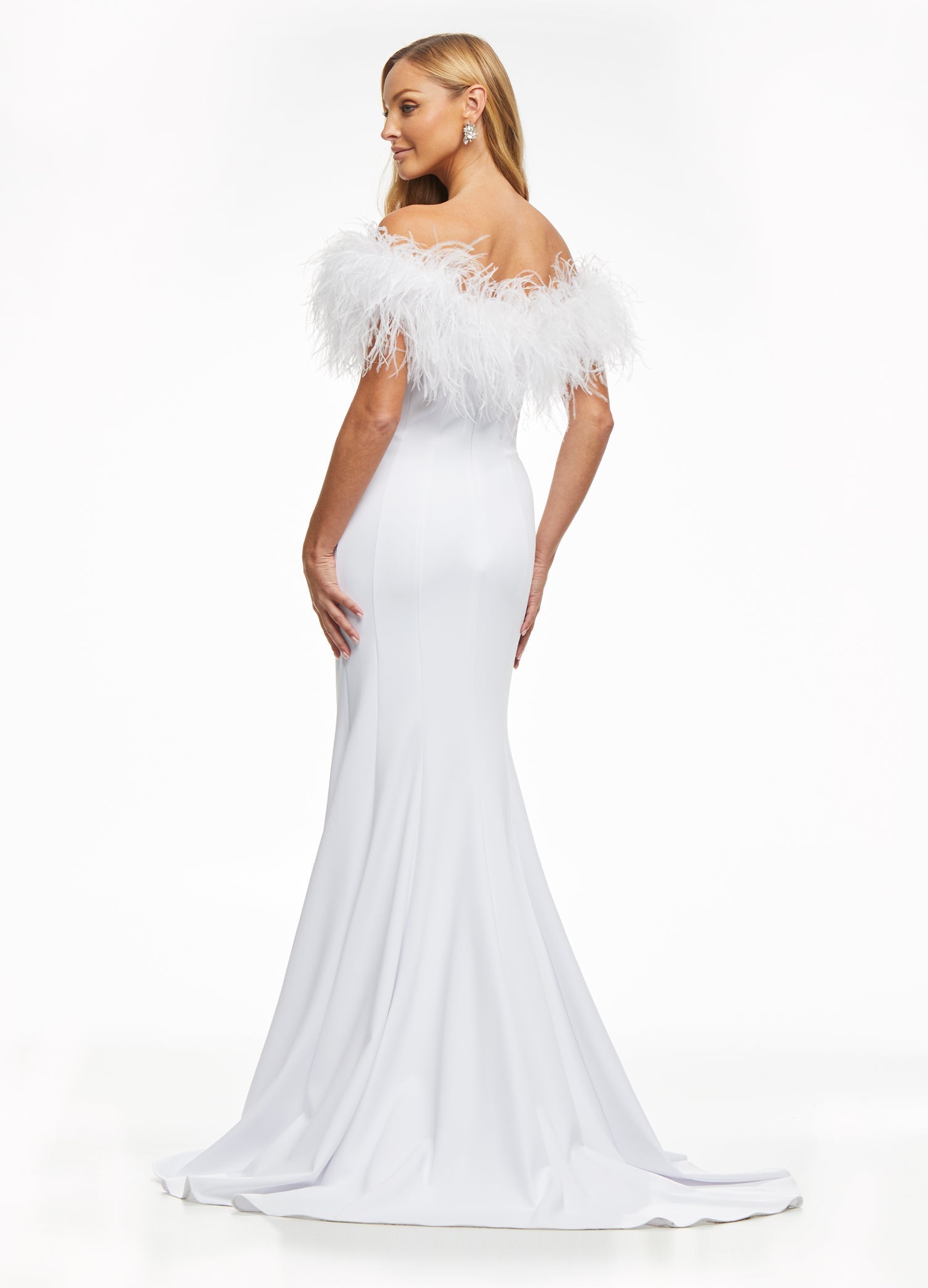 Back - White ASHLEYlauren 11099 Fully Beaded Gown with One-Shoulder Design, Intricate Beading, and High Slit for a Glamorous Look