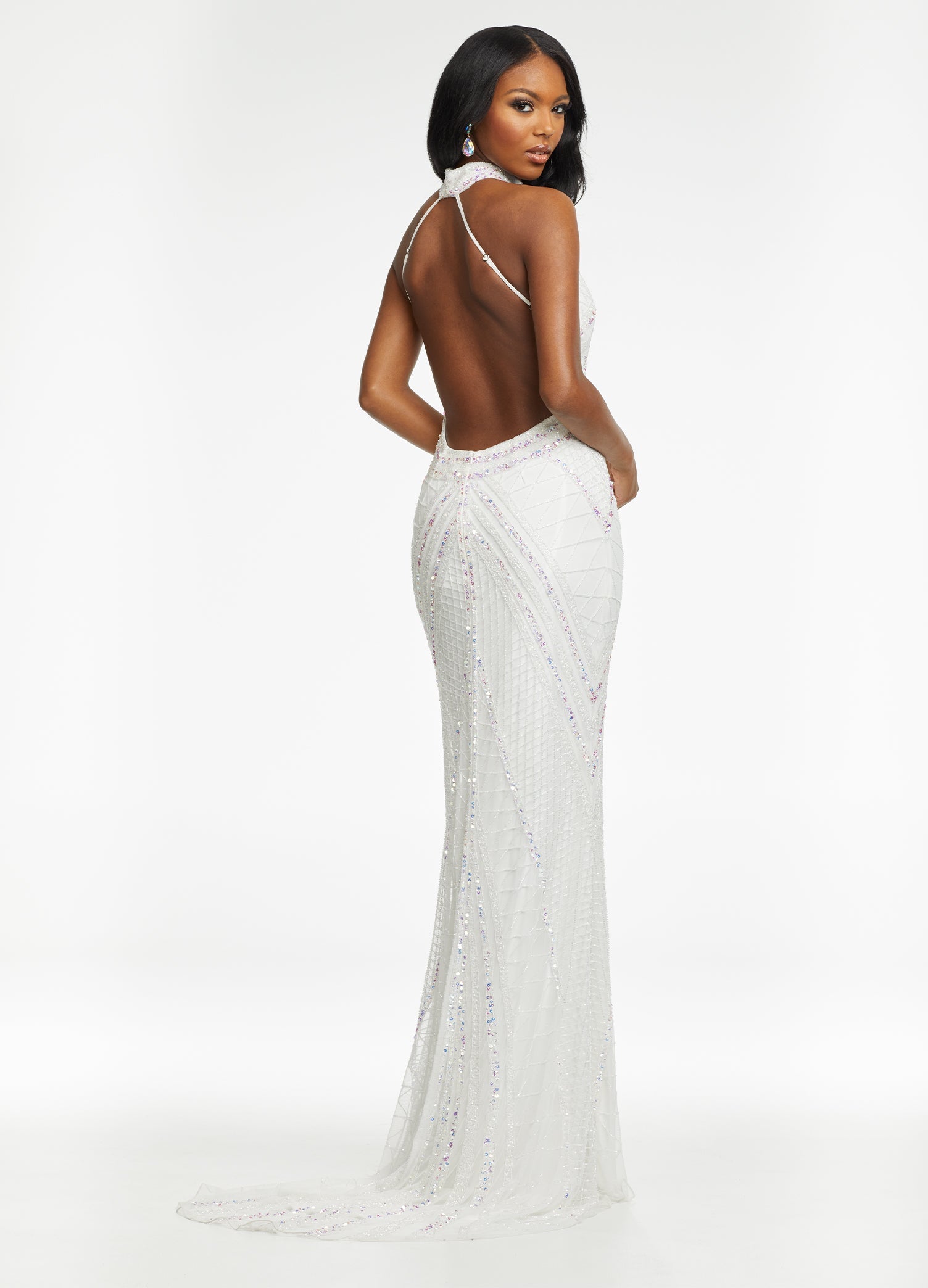 Back - Ivory ASHLEYlauren 11177 – An intricately hand-beaded halter gown featuring a stunning beaded motif, low open back, center slit, and a sweeping train. Perfect for making a show-stopping statement at any event.