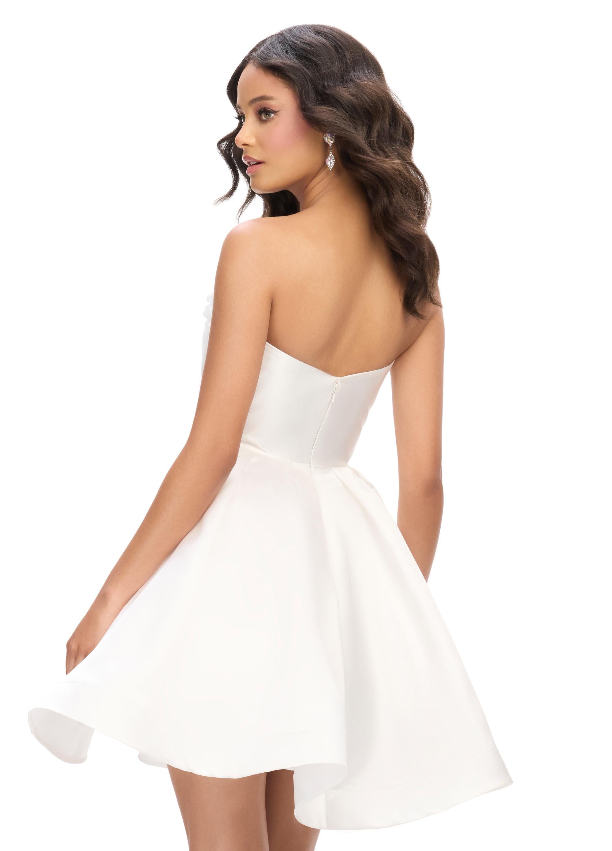 Back - White ASHLEYlauren 4782 Mikado cocktail dress featuring a stunning sweetheart neckline, delicate flower detailing, and an A-line skirt for a fabulous and elegant look.