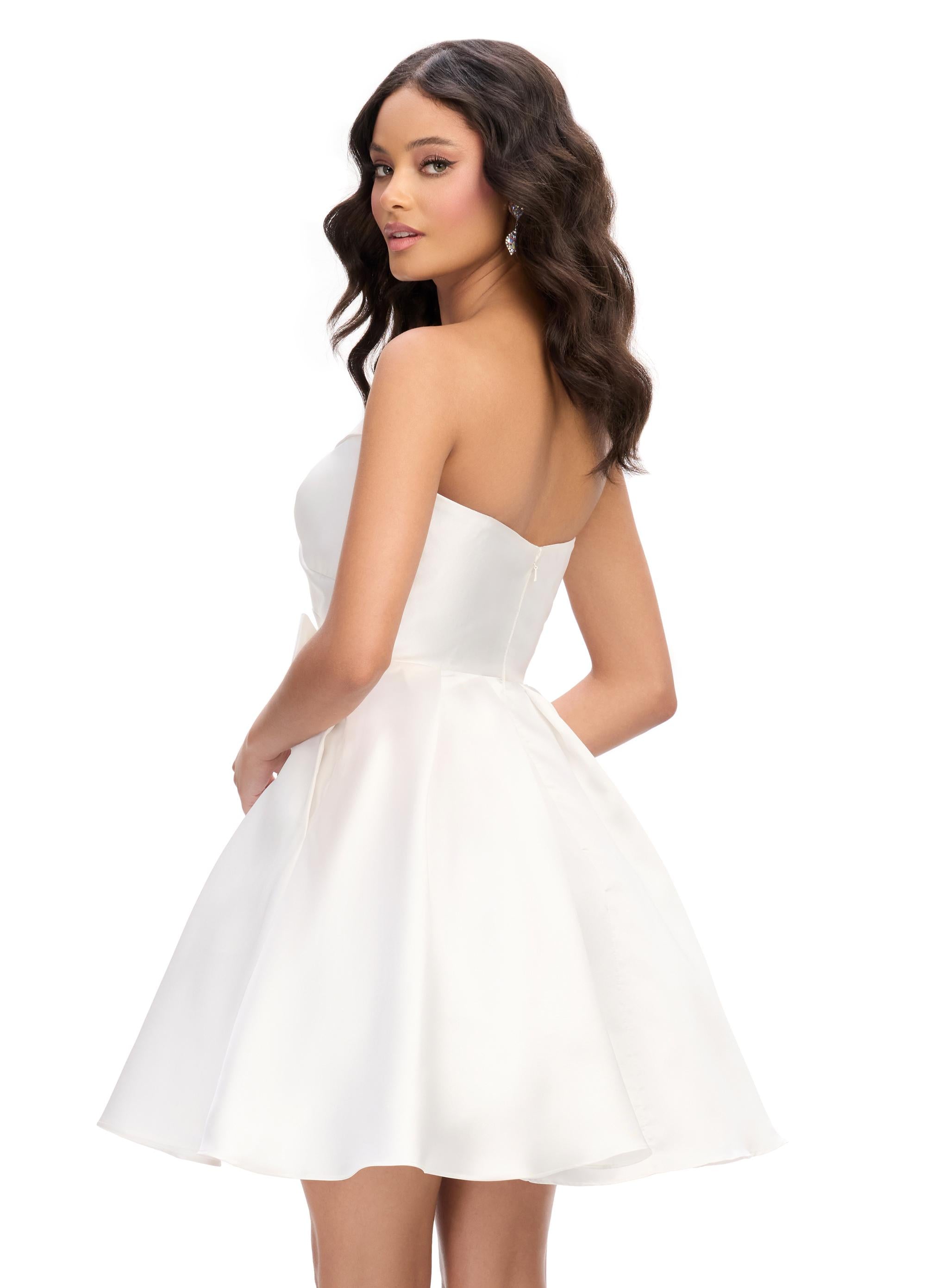 Back - White ASHLEYlauren 4783 Mikado cocktail dress featuring a sweetheart neckline, an elegant A-line skirt, and an oversized bow accent for a show-stopping and sophisticated look.