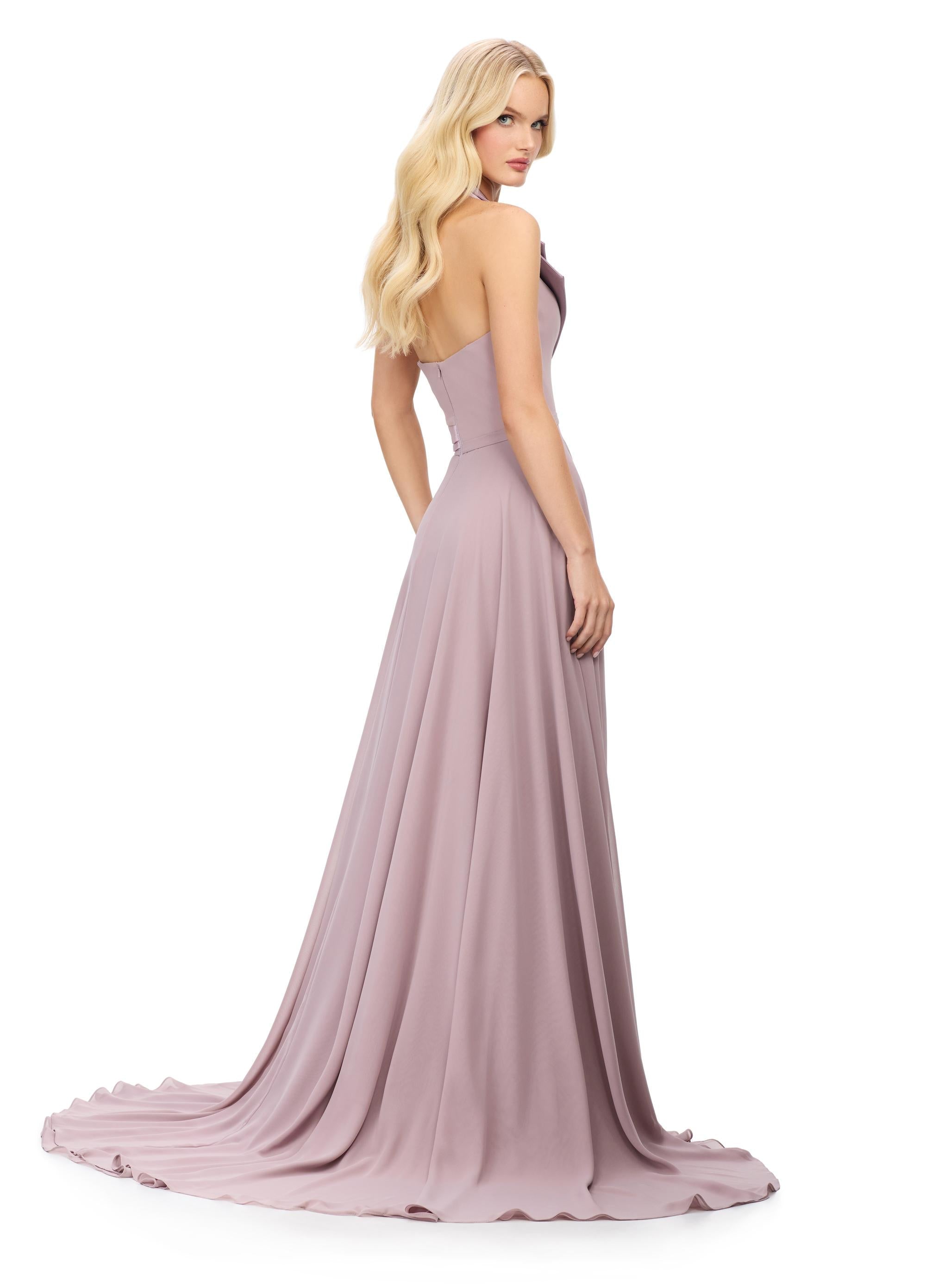 Back view. Taupe ASHLEYlauren 11753 chiffon gown with structured halter neckline, A-line skirt, and elegant right leg slit — the perfect blend of edge and grace.