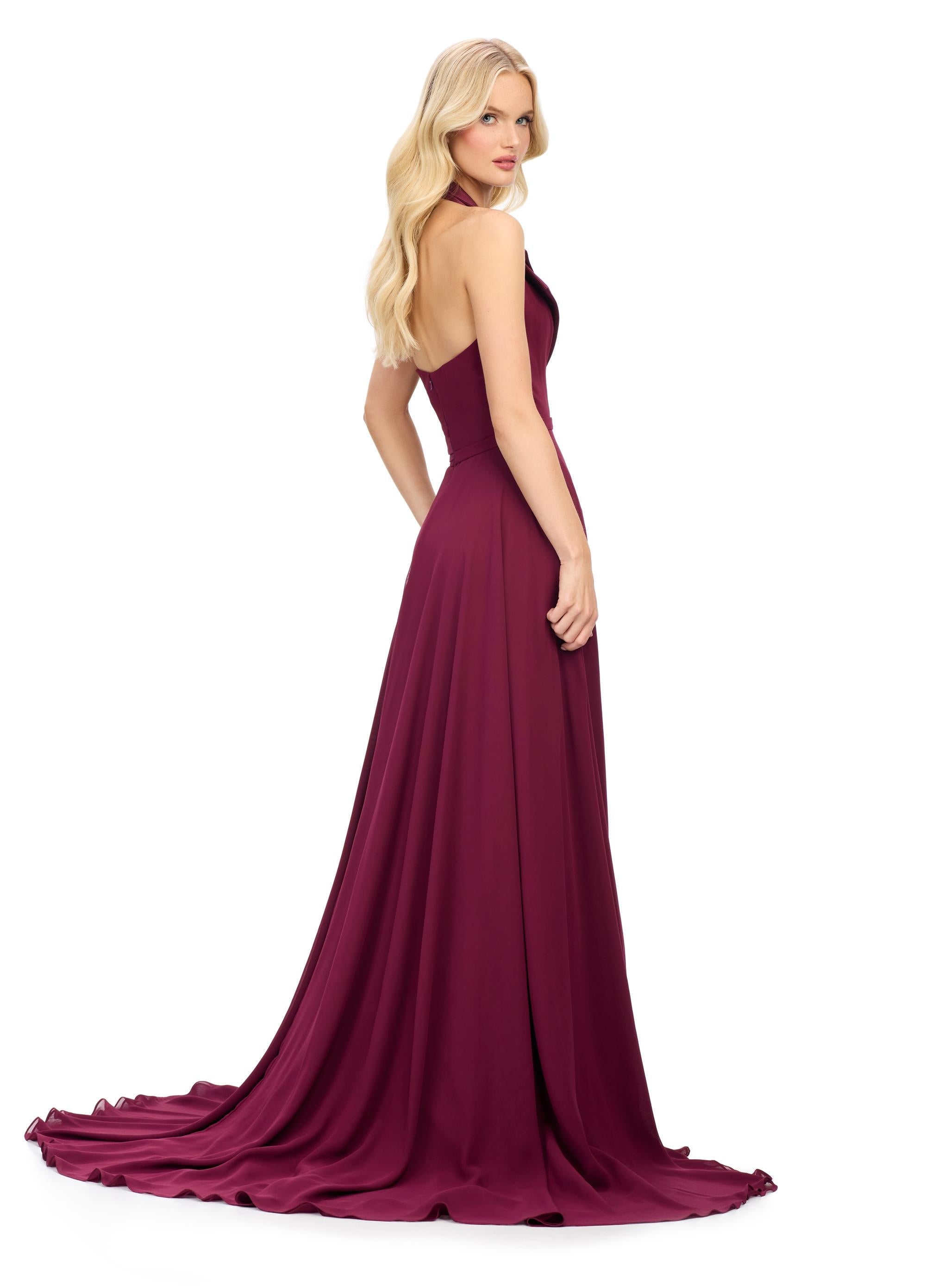 Back view. Wine ASHLEYlauren 11753 chiffon gown with structured halter neckline, A-line skirt, and elegant right leg slit — the perfect blend of edge and grace.