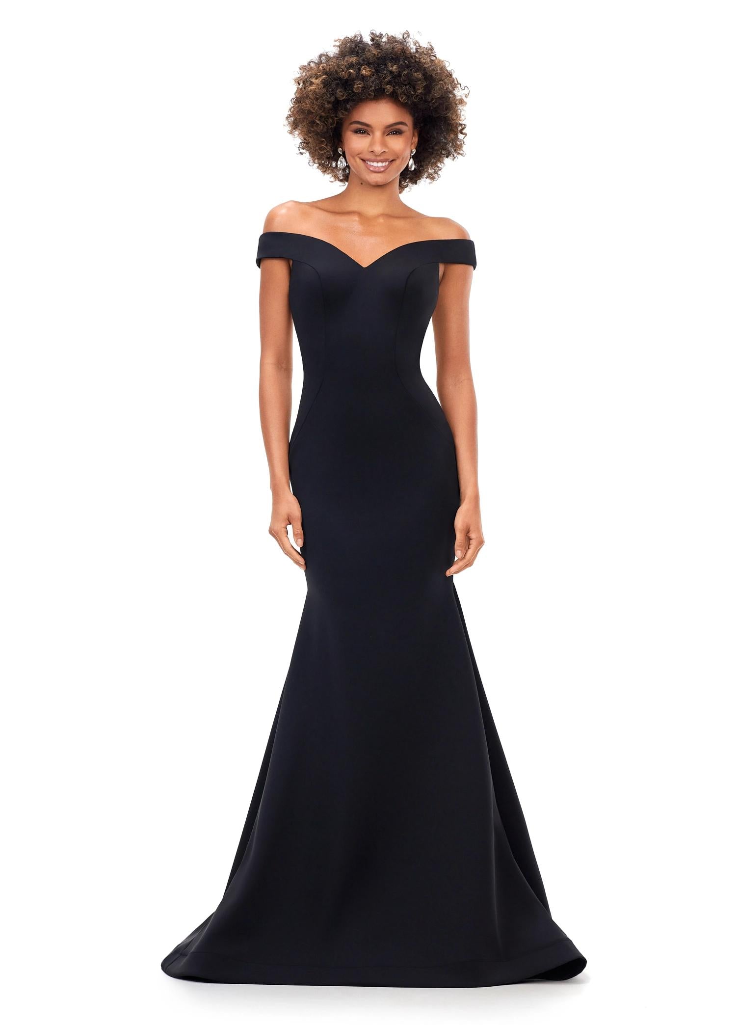 Black ASHLEYlauren 11025 off shoulder scuba gown featuring a sweetheart neckline, signature crisscross strappy back, fitted silhouette, and a sweep train for an elegant and sophisticated look. 