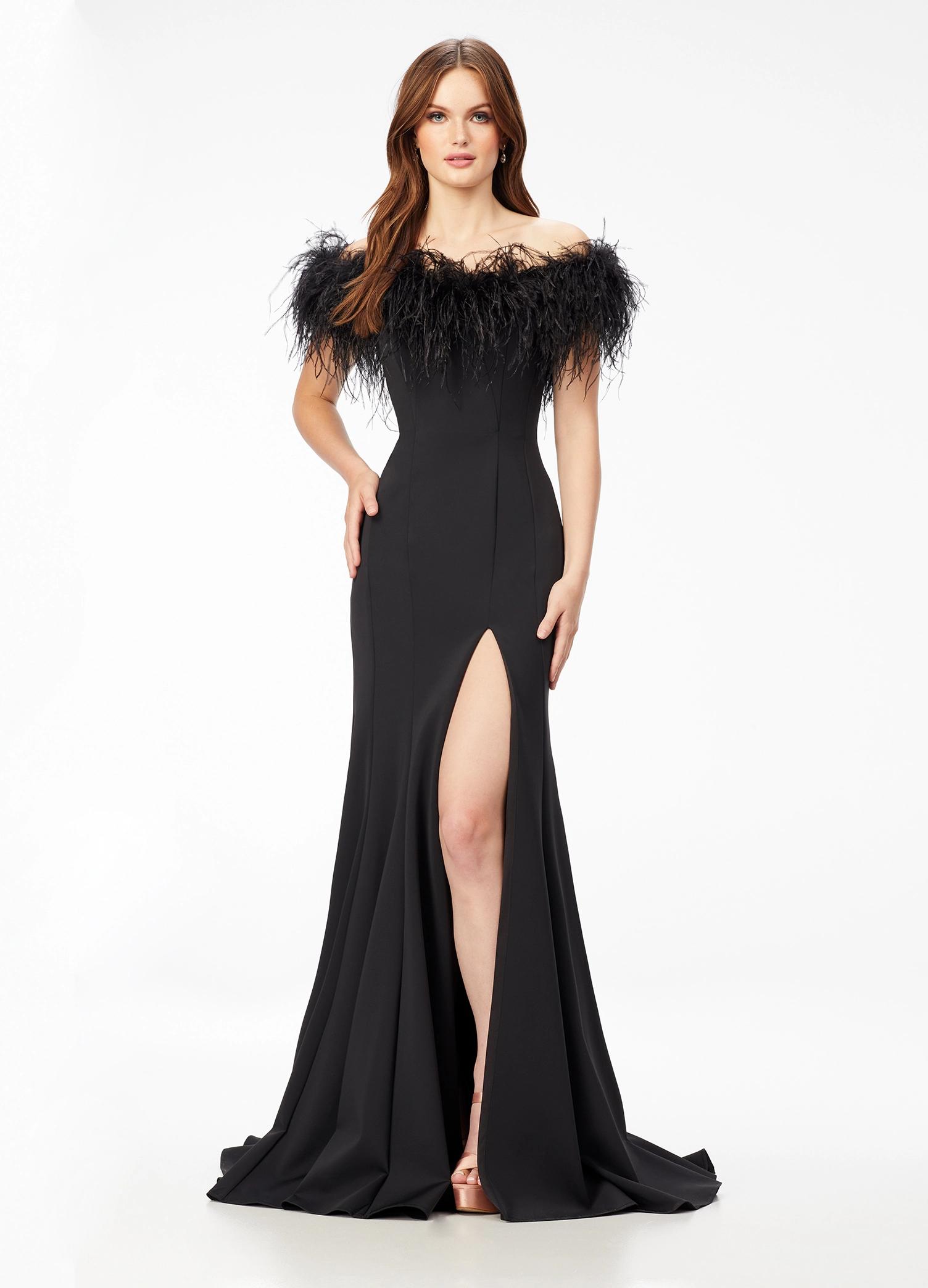 Black ASHLEYlauren 11099 Fully Beaded Gown with One-Shoulder Design, Intricate Beading, and High Slit for a Glamorous Look