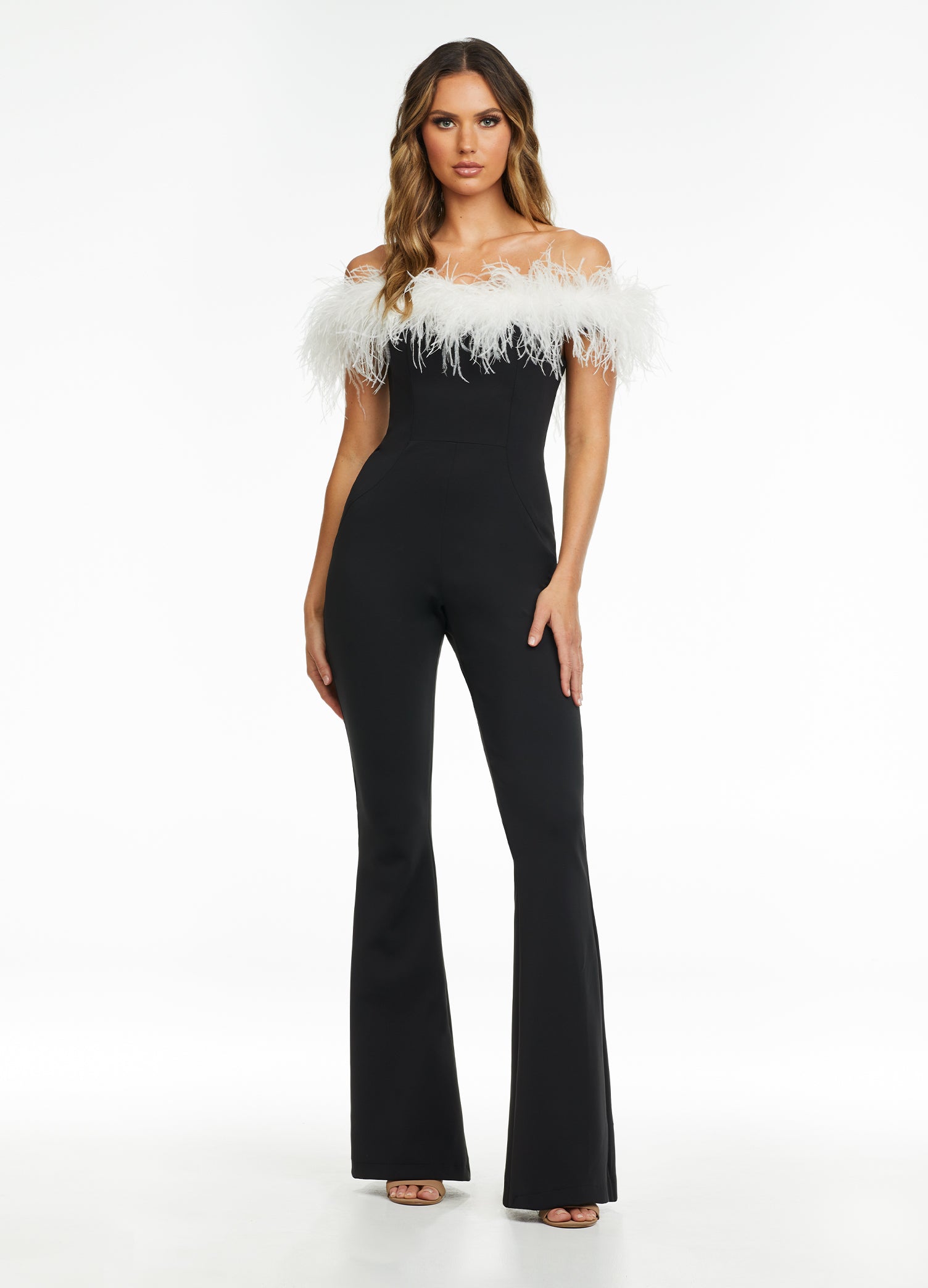 ASHLEYlauren 11100 – A flirty off-shoulder scuba jumpsuit featuring feather details along the neckline and flare pant legs. Perfect for making a stylish statement at your next event.