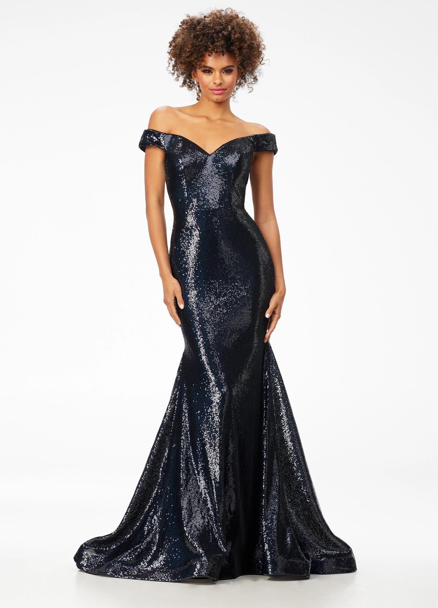 Black ASHLEYlauren 11107 Off-Shoulder Sequin Gown with Criss-Cross Open Back, Fit & Flare Silhouette, and Horsehair Hem