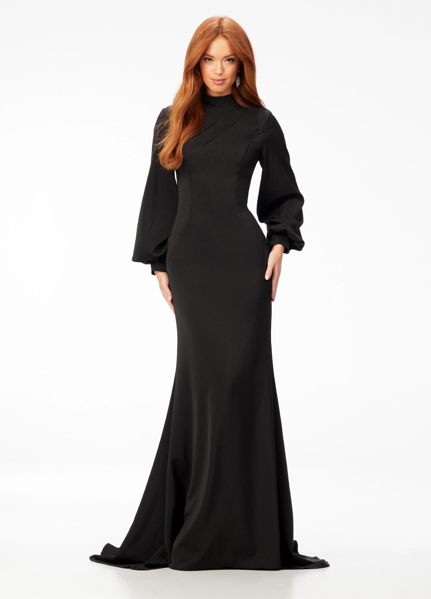 Black ASHLEYlauren 11219 – An ultra-glamorous high neckline crepe gown featuring balloon sleeves, contoured seaming for a perfect silhouette, an exposed zipper back, and a sweeping train. Ideal for making a sophisticated statement at any event.