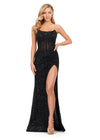 Black ASHLEYlauren 11236 jaw-dropping strapless gown featuring a fitted silhouette, corset bustier with stunning crystal beadwork, a fully beaded wrap skirt, and a left leg slit for a glamorous red carpet-worthy look.