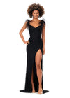 Black ASHLEYlauren 11367 beaded gown featuring a sweetheart neckline, detachable feather straps, wrap skirt, and left leg slit for an elegant and versatile look.