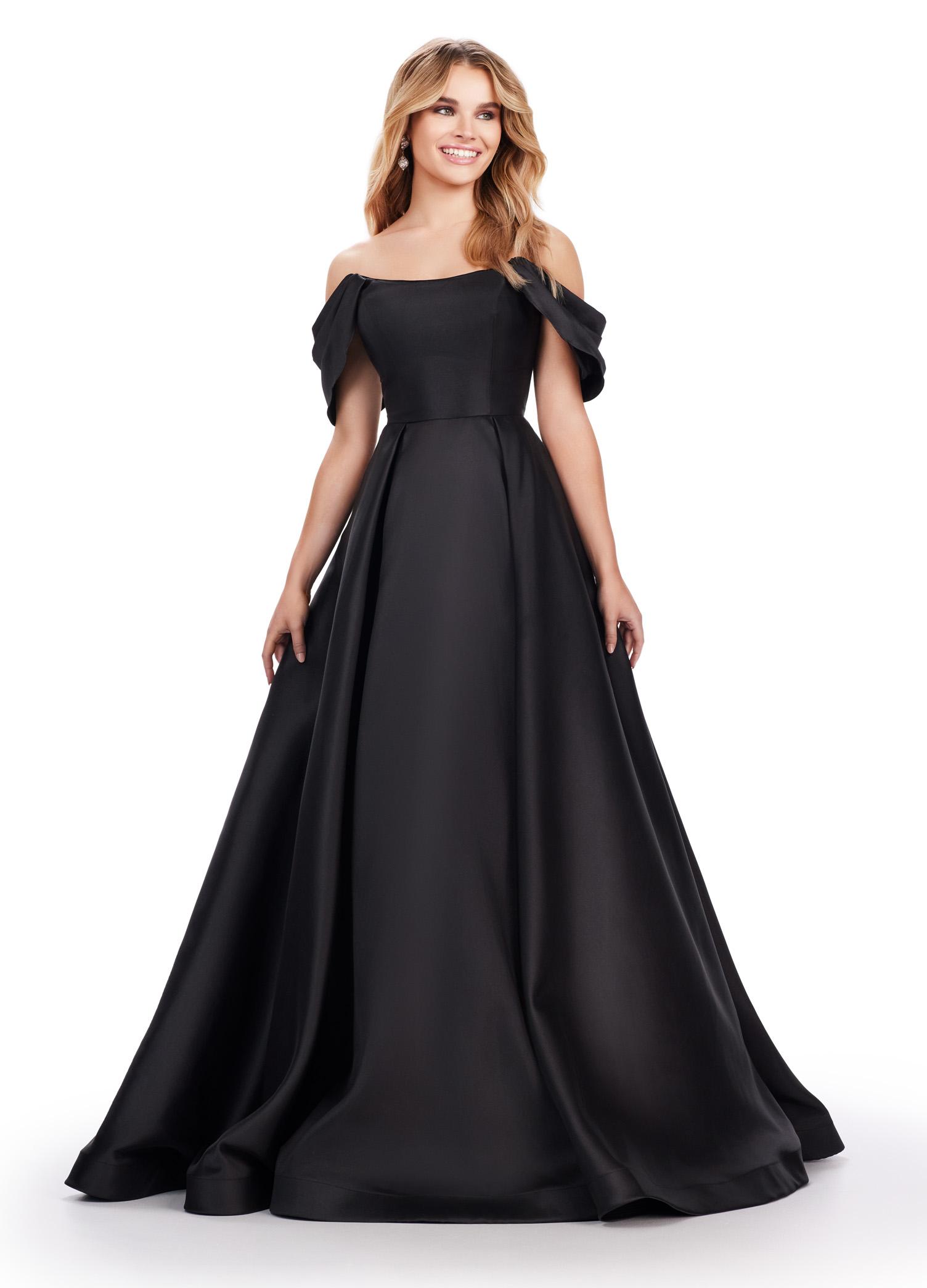 Black ASHLEYlauren 11544 elegant Mikado ball gown featuring a pleated off shoulder detail and a full ball gown skirt for a timeless and sophisticated look.