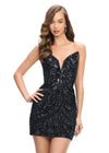 Black ASHLEYlauren 4500 strapless gown featuring a plunging V-neckline, ornate sequin bead pattern, and striking V-back for a bold and glamorous look.