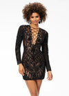 Black ASHLEYlauren 4511 fitted hand-beaded cocktail dress featuring a lace-up bustier, intricate bead motif cascading onto the fitted skirt and long sleeves for a dramatic and glamorous look.