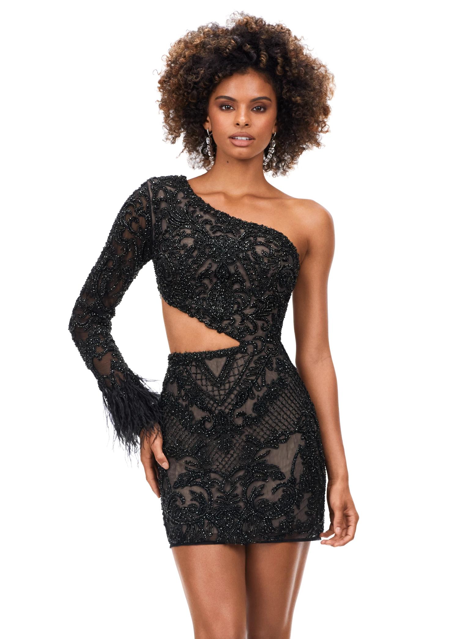 Black ASHLEYlauren 4565 fully beaded cocktail dress featuring a one sleeve design, modern waist cut-out, and feather accents at the wrist for a bold and glamorous look.