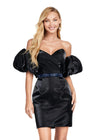 Black ASHLEYlauren 4642 satin cocktail dress featuring a sweetheart neckline, oversized puff sleeves, and a hot press stone belt for a bold and glamorous statement look.