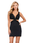 Black ASHLEYlauren 4649 jersey cocktail dress featuring a V-neckline, perfectly placed cutouts, beaded details, lace-up back, and a fitted skirt for a fun and flirty look.