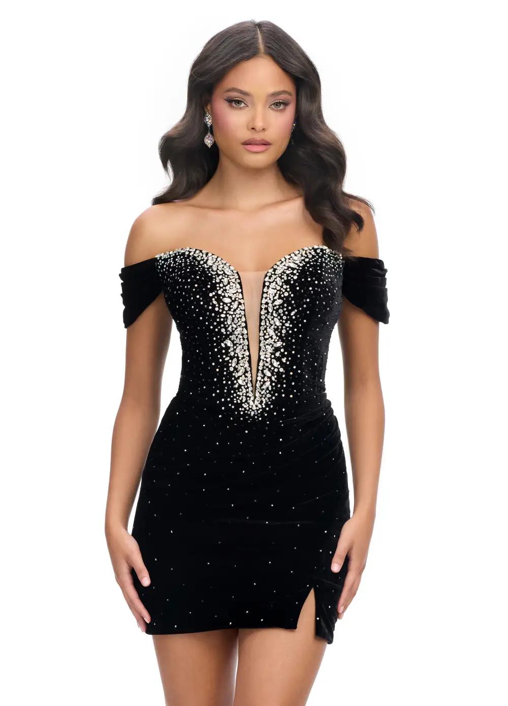 Black ASHLEYlauren 4711 Velvet Off-Shoulder Cocktail Dress with Illusion V-Neckline and Lace-Up Back