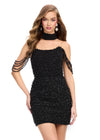 Black ASHLEYlauren 4758 Fully Beaded Long Sleeve Cocktail Dress with Plunging V-Neckline and Fringe