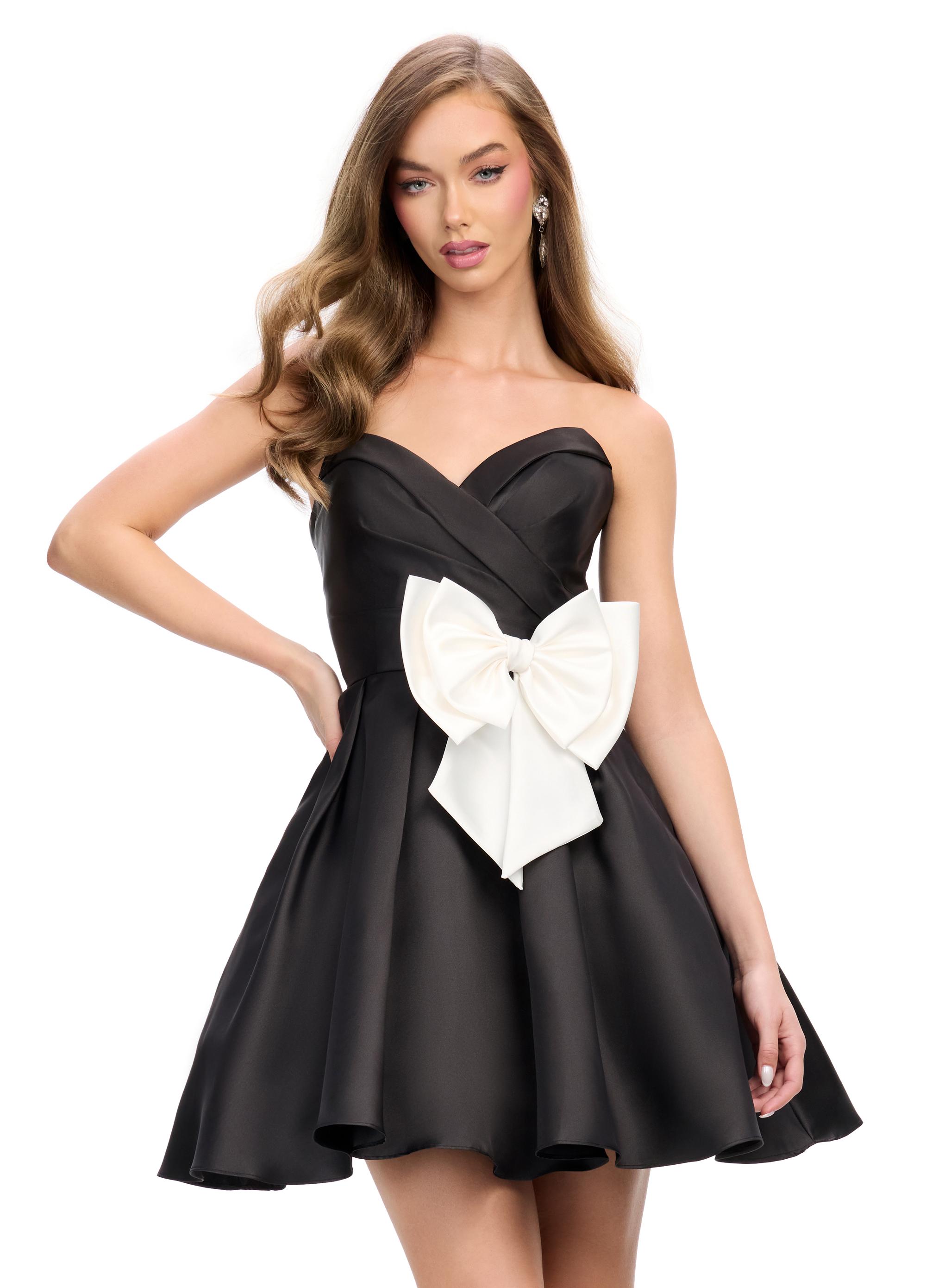 Black ASHLEYlauren 4783 Mikado cocktail dress featuring a sweetheart neckline, an elegant A-line skirt, and an oversized bow accent for a show-stopping and sophisticated look.