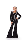 ASHLEYlauren 8209 – A fun and fabulous scuba two-piece jumpsuit featuring press-on stone trim along the jacket and pant legs, with stylish flare pant legs for a bold, fashion-forward look. Perfect for making a statement!