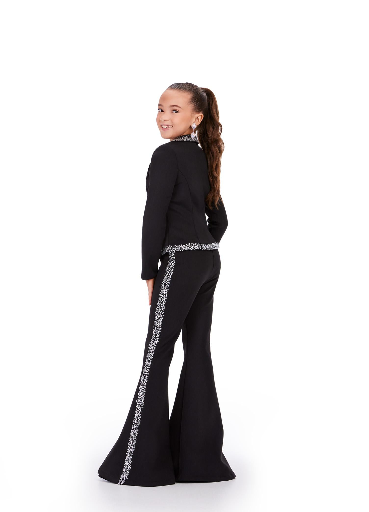 Back - ASHLEYlauren 8209 – A fun and fabulous scuba two-piece jumpsuit featuring press-on stone trim along the jacket and pant legs, with stylish flare pant legs for a bold, fashion-forward look. Perfect for making a statement!