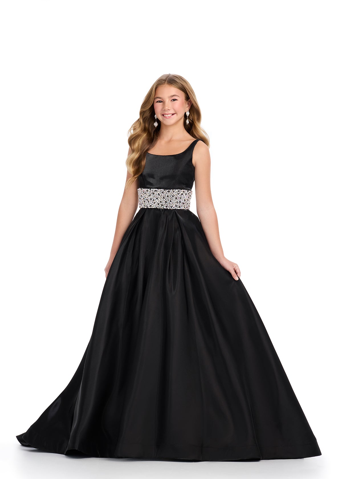 Black ASHLEYlauren 8276 satin kids ball gown featuring a scoop neckline, V-back, and a fully beaded waistband for an elegant and glamorous touch.