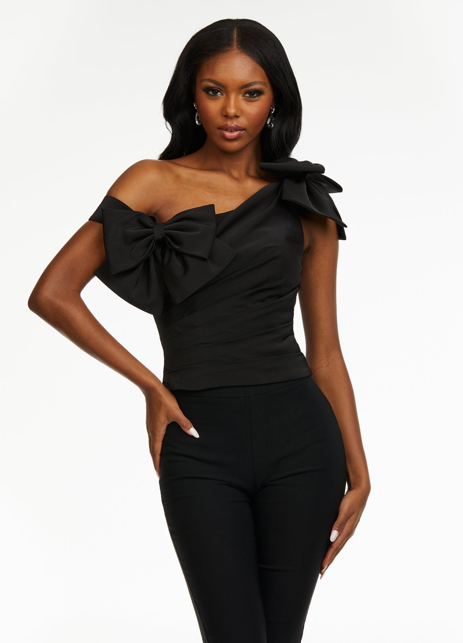 Black ASHLEYlauren 9001 elegant one shoulder bustier featuring asymmetrical ruching and delicate bow accents, perfect for styling with jeans or for pageant headshots.