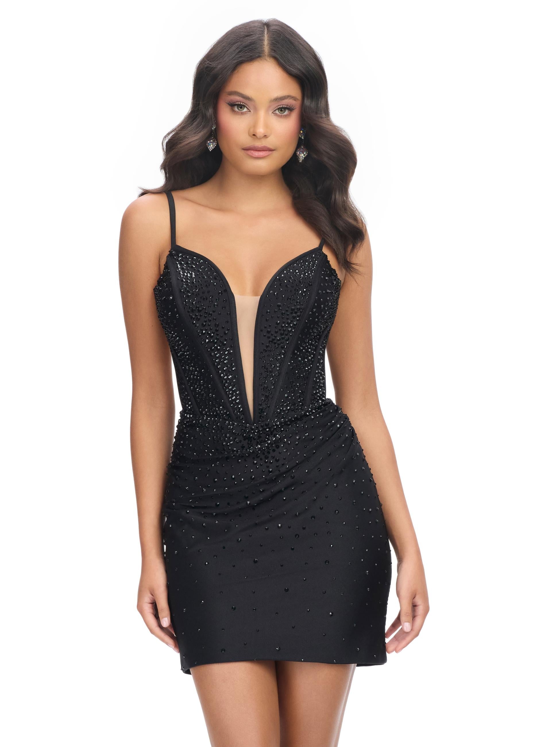 Black Emerald ASHLEYlauren 4693 cocktail dress featuring spaghetti straps, an illusion V-neckline, corset bustier, press-on stone embellishments, and a fitted skirt for a glamorous and head-turning look.