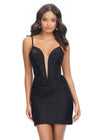 Black Emerald ASHLEYlauren 4693 cocktail dress featuring spaghetti straps, an illusion V-neckline, corset bustier, press-on stone embellishments, and a fitted skirt for a glamorous and head-turning look.