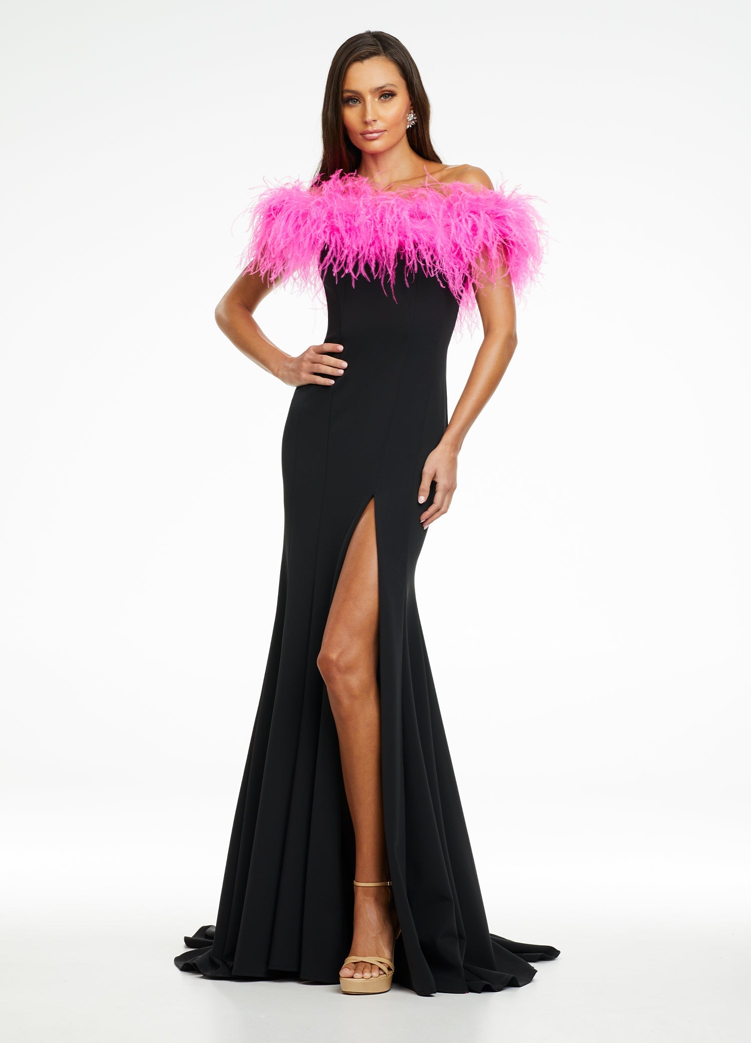 Black/Pink ASHLEYlauren 11099 Fully Beaded Gown with One-Shoulder Design, Intricate Beading, and High Slit for a Glamorous Look