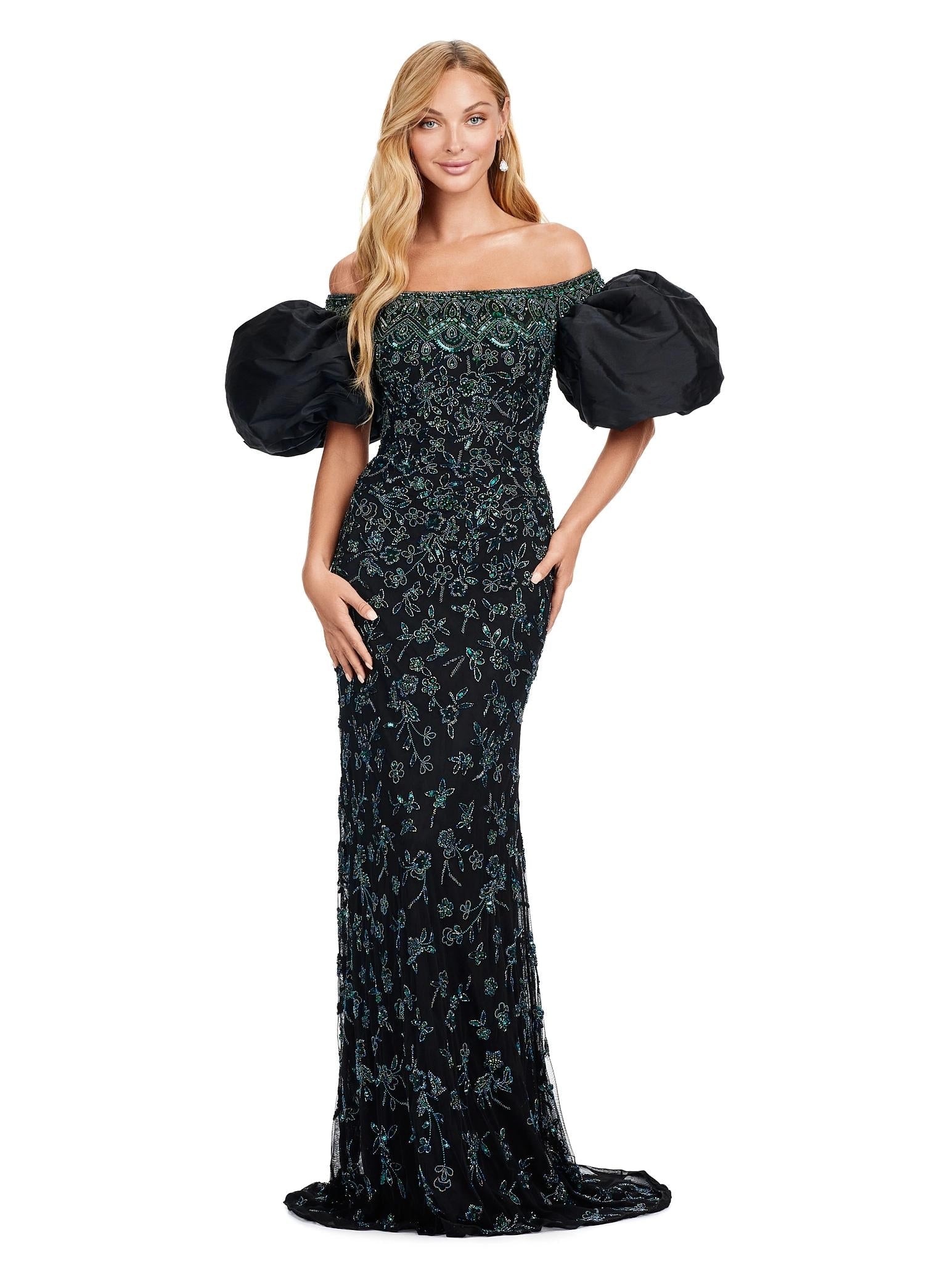 Black/green ASHLEYlauren 11432 fully beaded gown featuring an off-shoulder neckline and glamorous taffeta puff sleeves for an elegant and statement-making look.