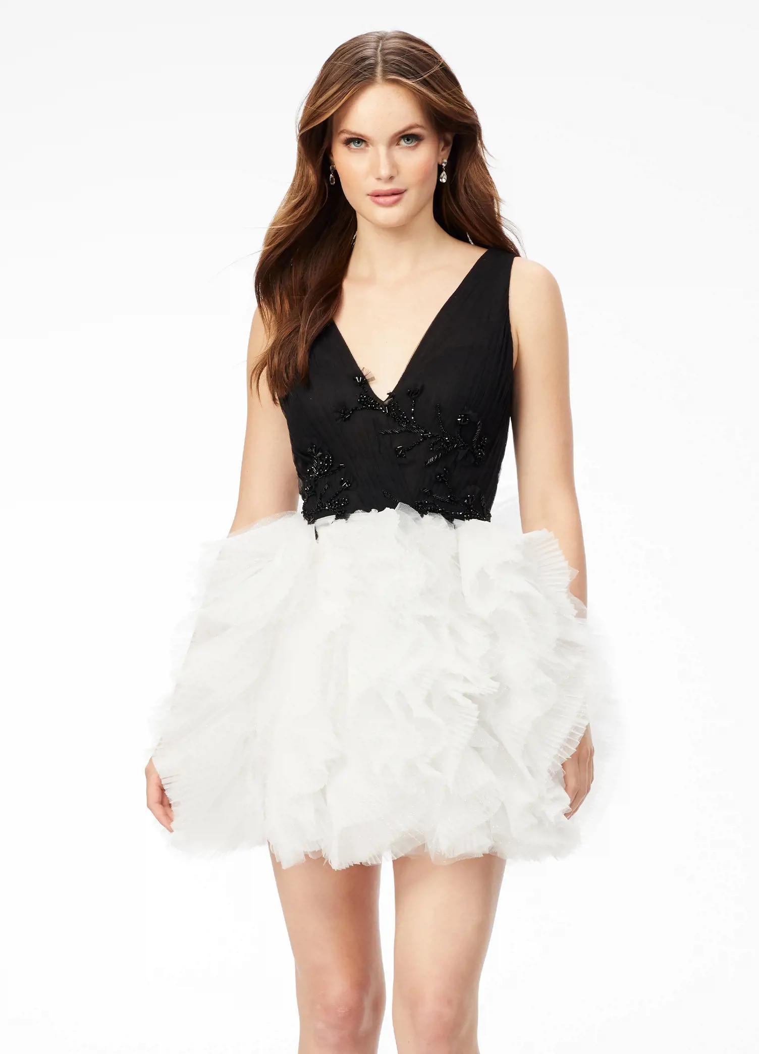 Black/white  ASHLEYlauren 4546 A-line cocktail dress featuring a V-neckline, ruched bustier with scattered embellishments, and a layered ruffle tulle skirt for a sweet and statement-making look.